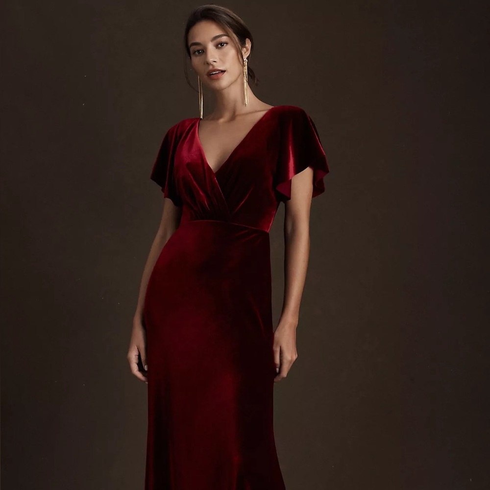 Jenny Yoo Ellis Flutter-Sleeve Open-Back Stretch Velvet Gown